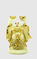 Laughing Buddha Showpiece -  Marble (White & Golden) - 7.5 Inch