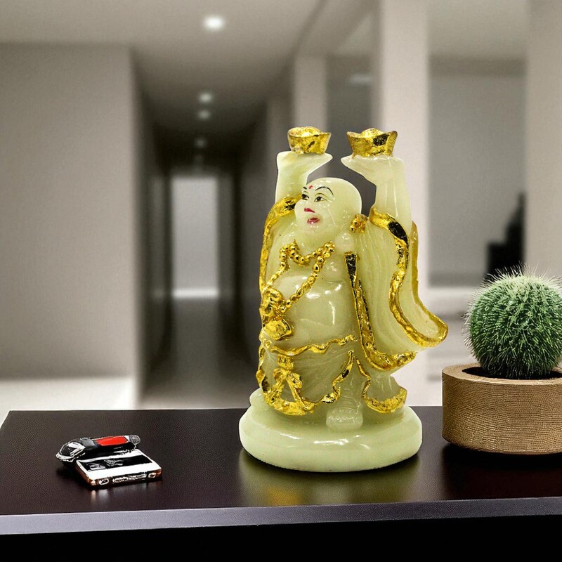 Laughing Buddha Showpiece -  Marble (White & Golden) - 7.5 Inch