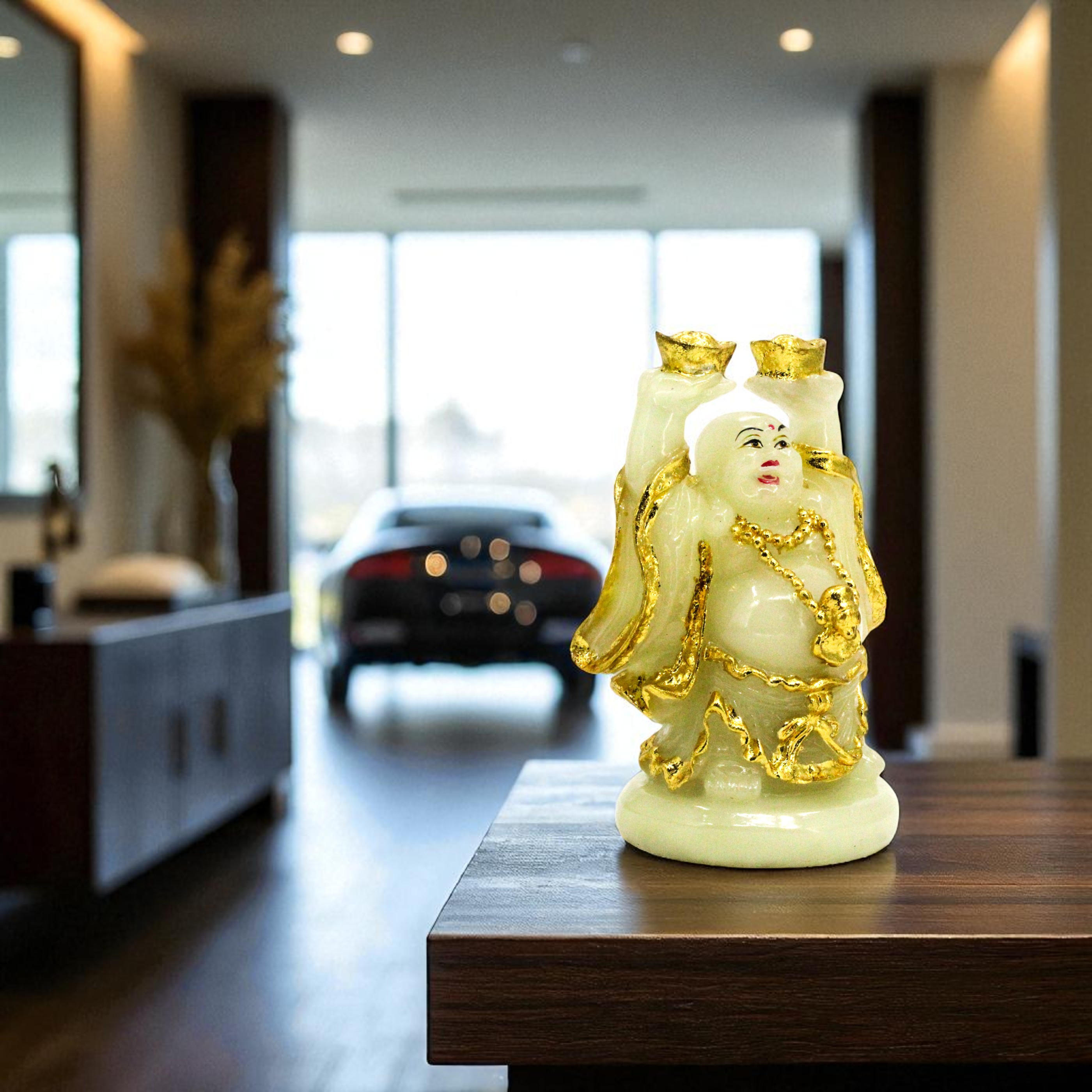 Laughing Buddha Showpiece -  Marble (White & Golden) - 7.5 Inch