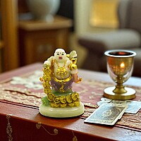 Laughing Buddha Showpiece Marble (White & Golden) – 8.5 Inch