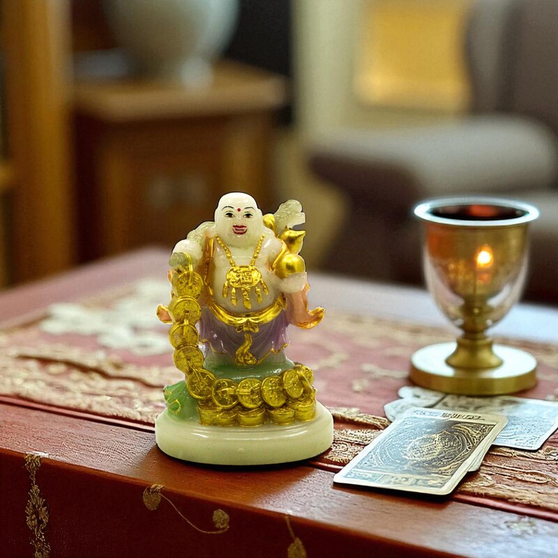 Laughing Buddha Showpiece Marble (White & Golden) – 8.5 Inch