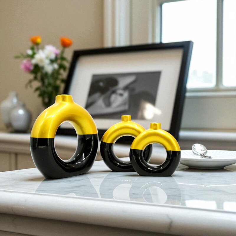 Donut-Shaped Flower Vases for Home Decor, Set of 3 (Yellow & Black) Polyresin – 8 Inch