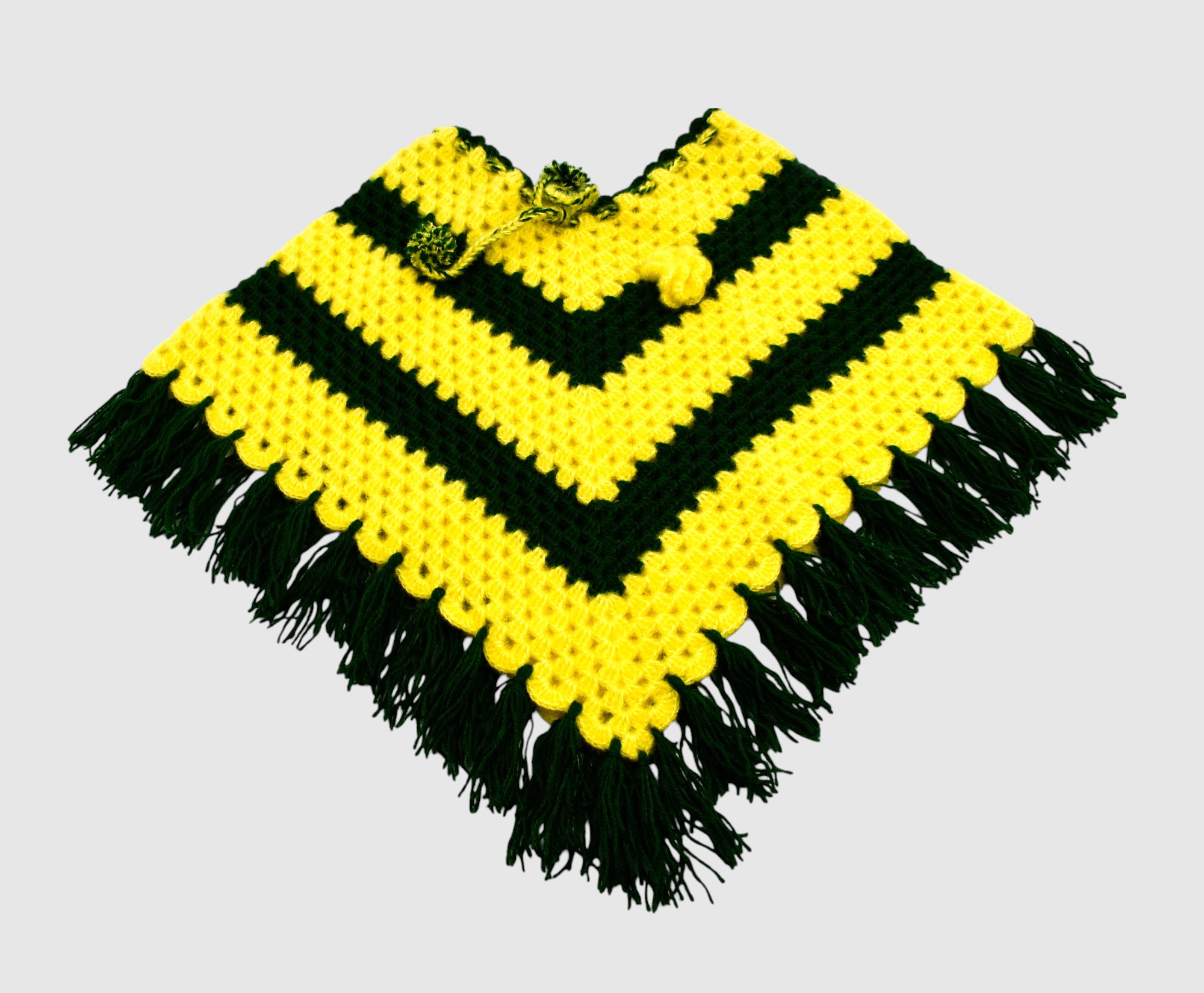 Handknitted Woolen Poncho and Cap Set for Kids, Yellow and Green Striped (4-5 Years)