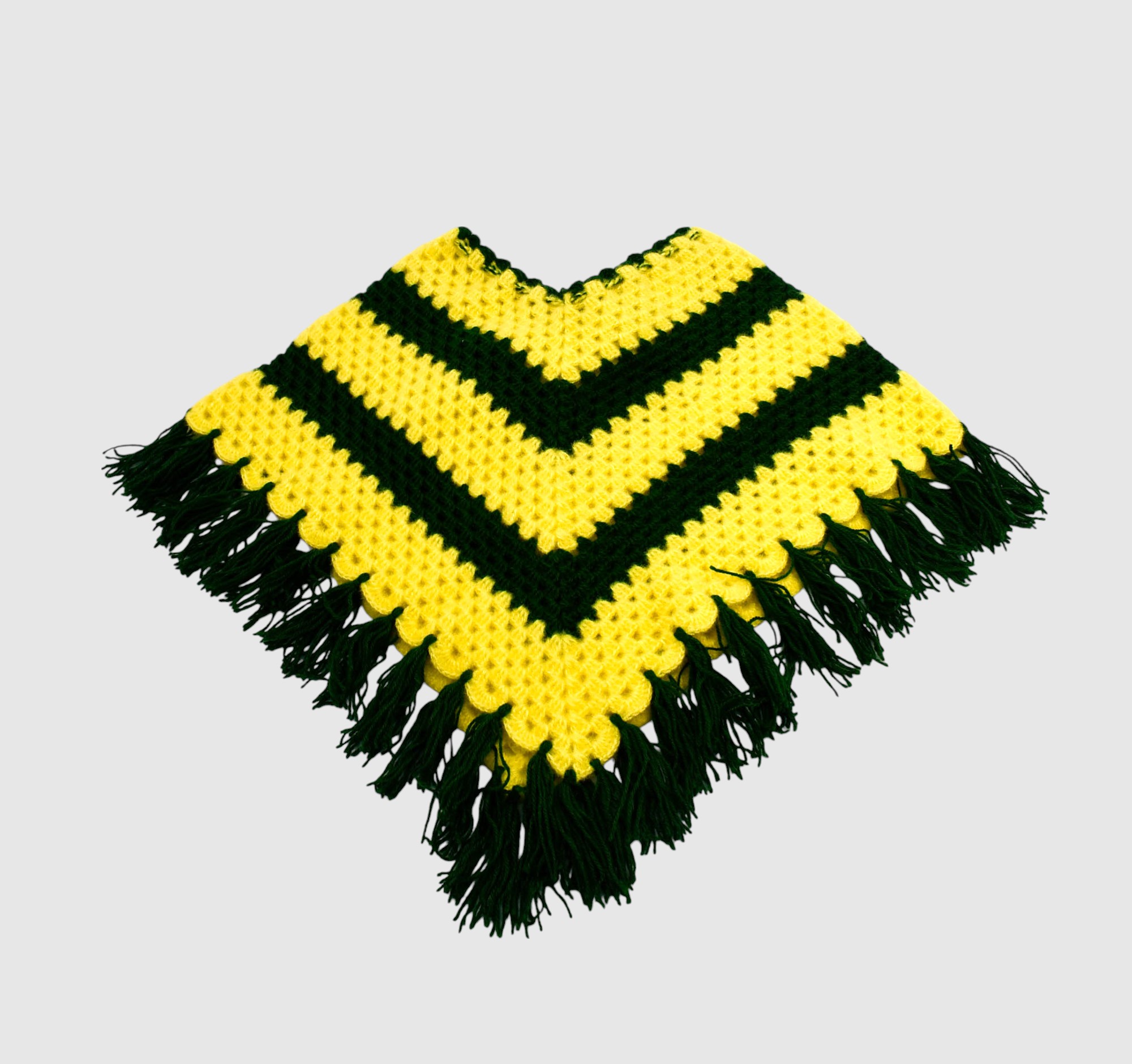 Handknitted Woolen Poncho and Cap Set for Kids, Yellow and Green Striped (4-5 Years)
