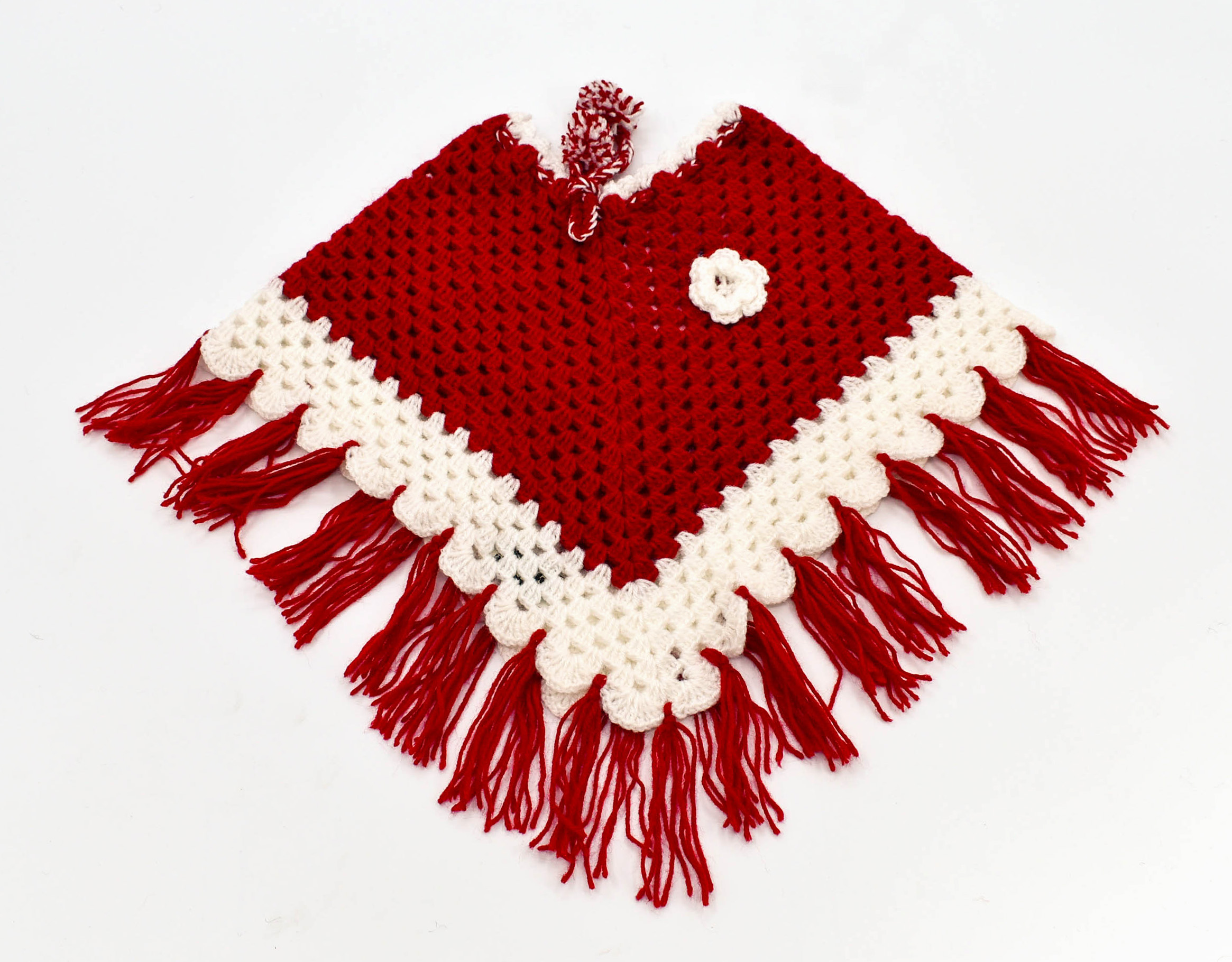 Handknitted Red and white woolen poncho and cap for kids between 6 mounths and 1 years