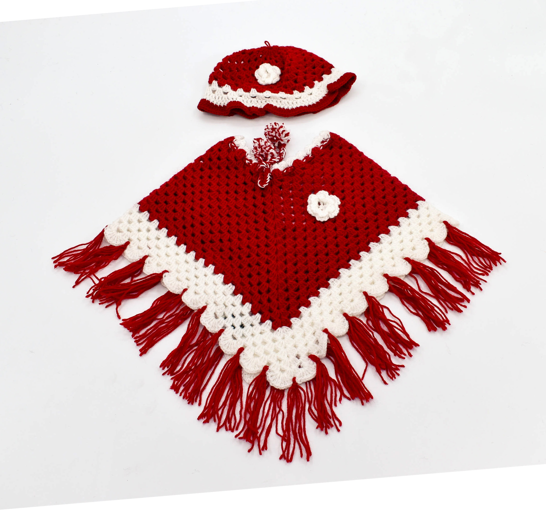 Handknitted Red and white woolen poncho and cap for kids between 6 mounths and 1 years