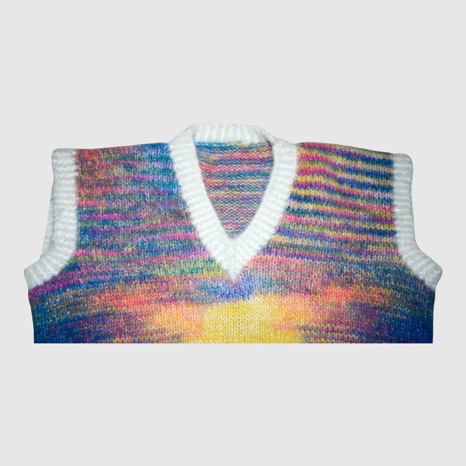 [2-3 Years] Handknitted Rainbow Multicolour Sweater for Kids, White Ribbed Trim