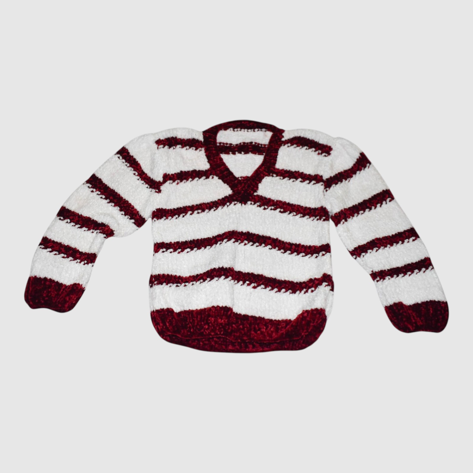 [4-5 Years] Handknitted Striped V-Neck Sweater, White and Burgundy, Long Sleeve