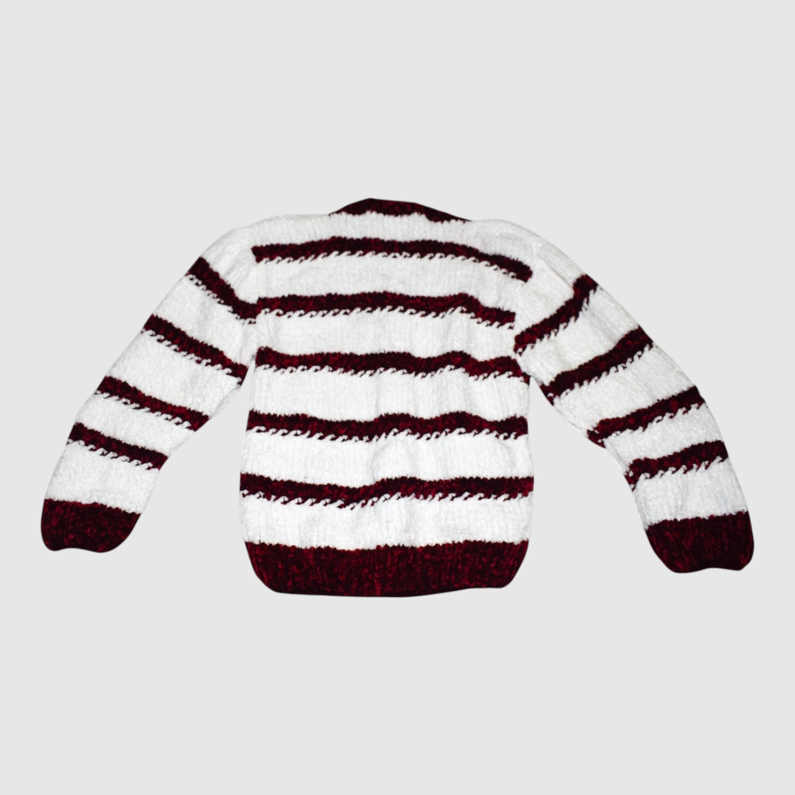 [4-5 Years] Handknitted Striped V-Neck Sweater, White and Burgundy, Long Sleeve