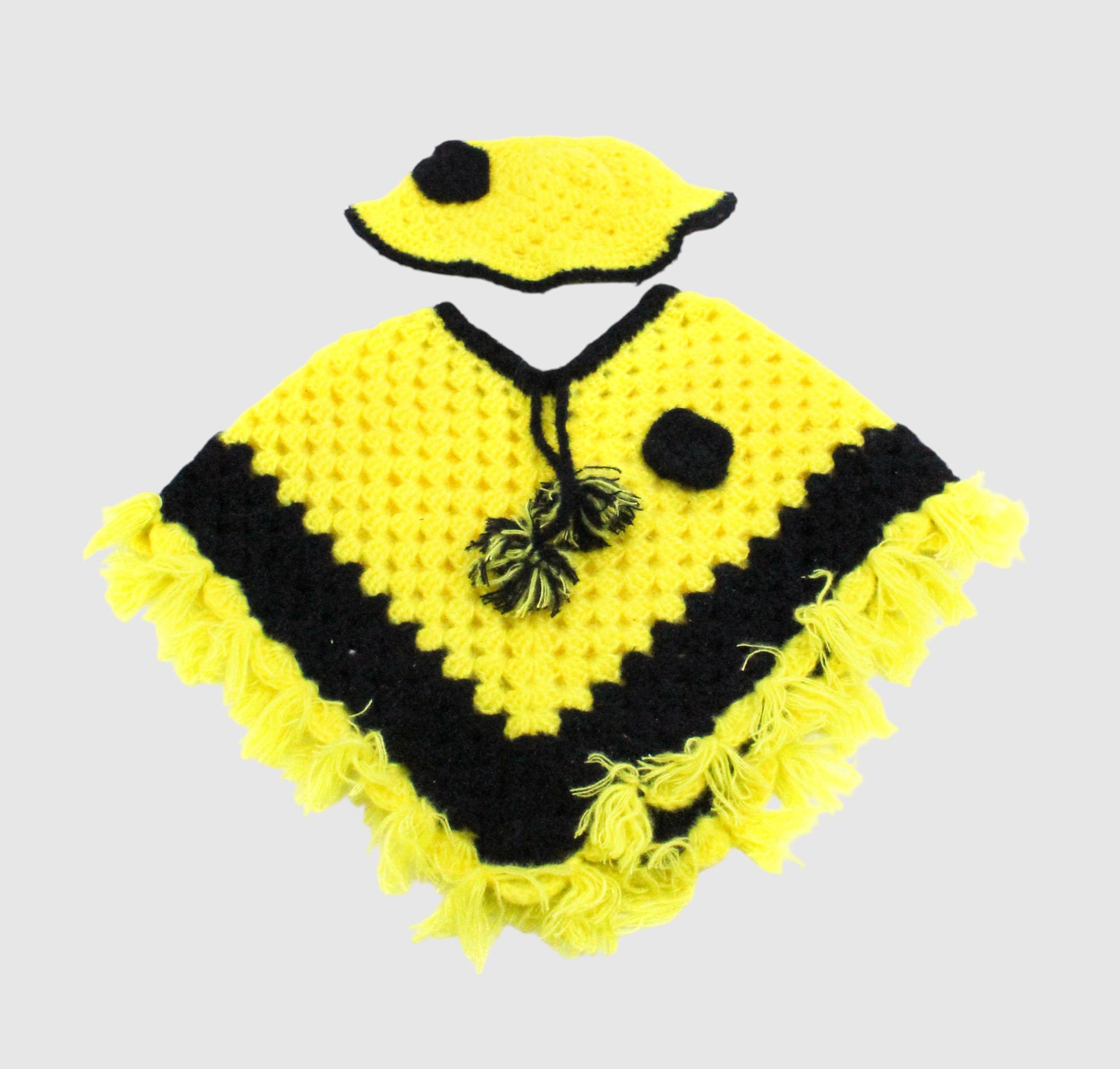 Handknitted Woolen Poncho and Cap Set for Kids, Yellow and Black, Fringed Design (6 Months - 1 Year)