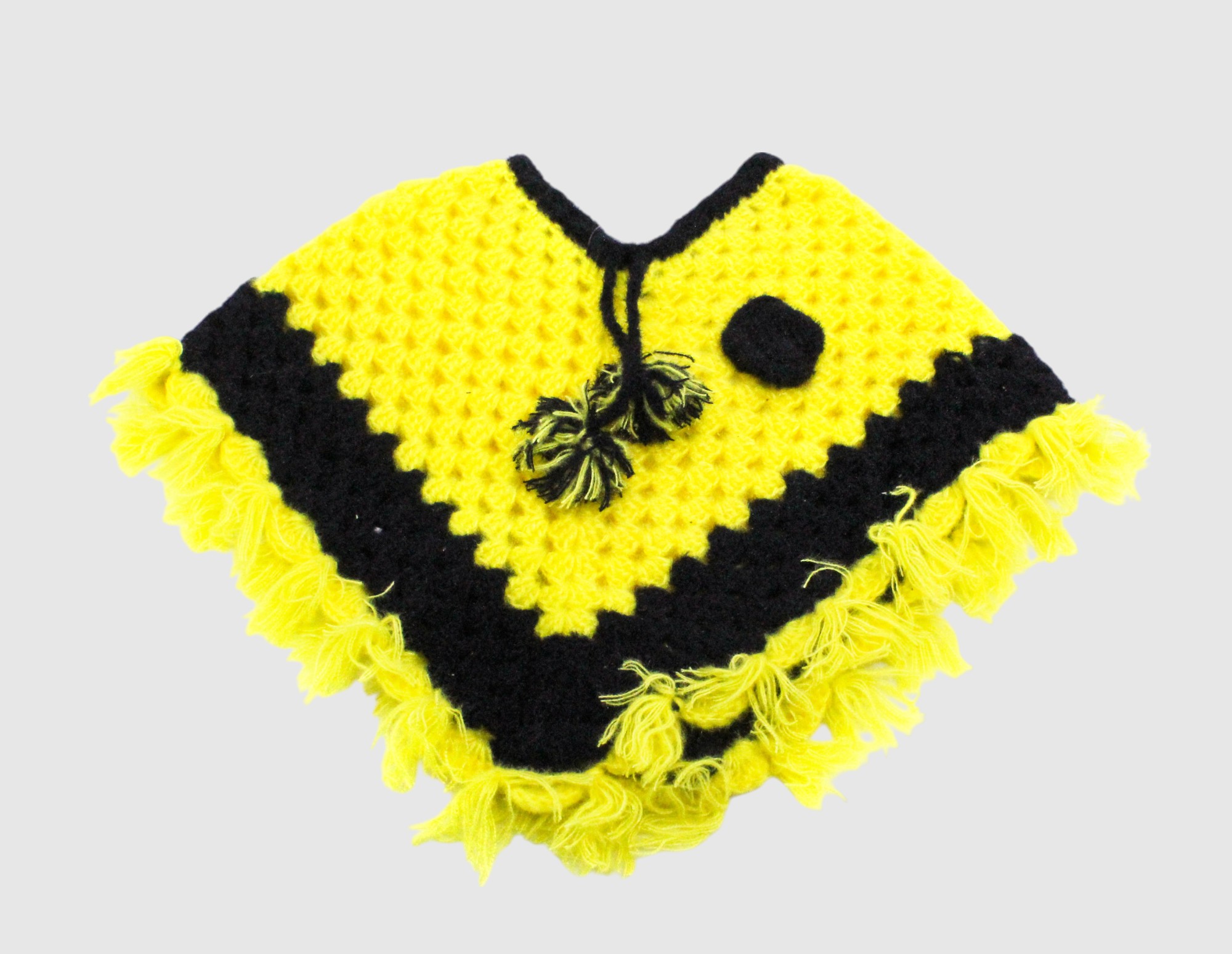 Handknitted Woolen Poncho and Cap Set for Kids, Yellow and Black, Fringed Design (6 Months - 1 Year)