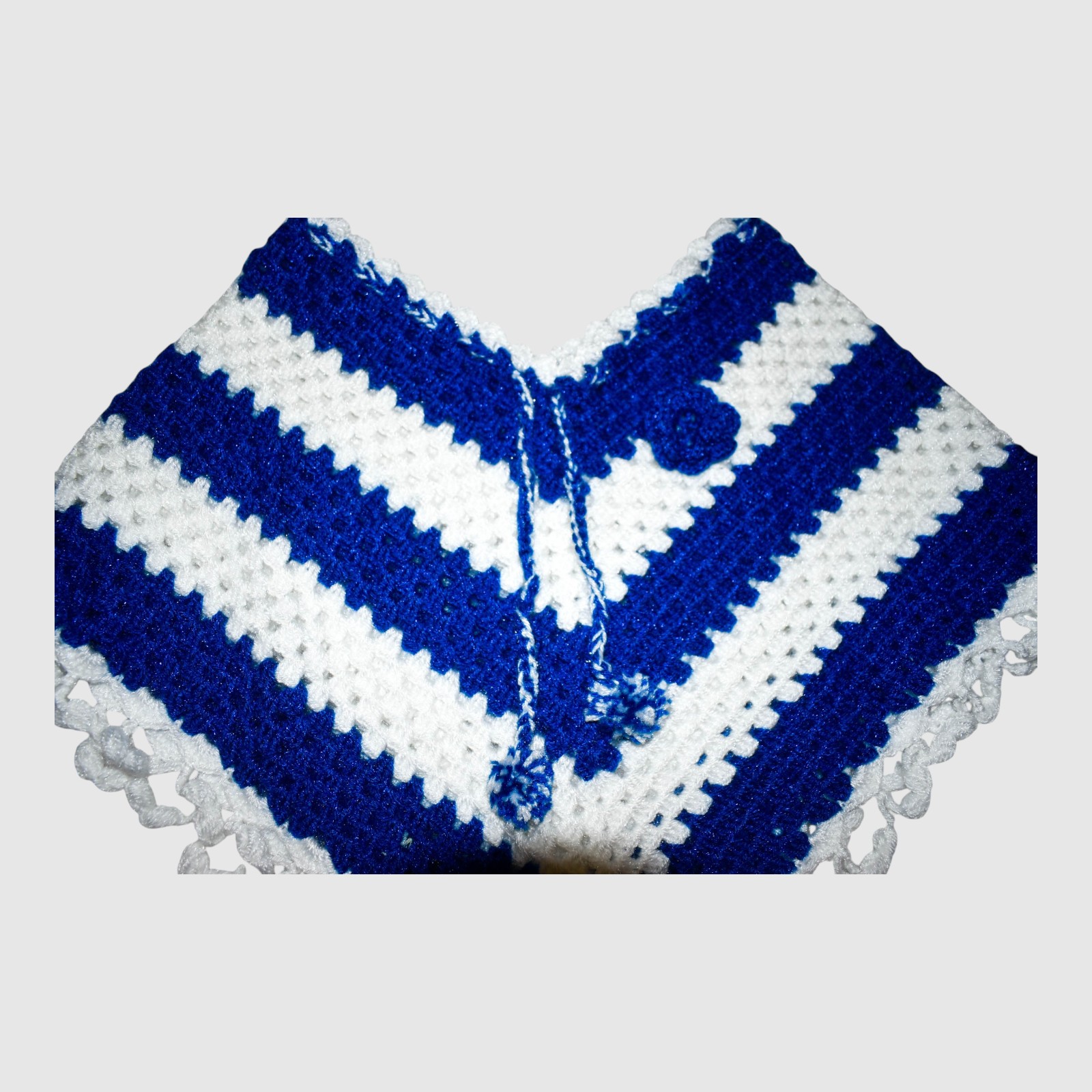 [4-5 Years] Handknitted Kids Woolen Poncho, Blue and White, Striped Pattern
