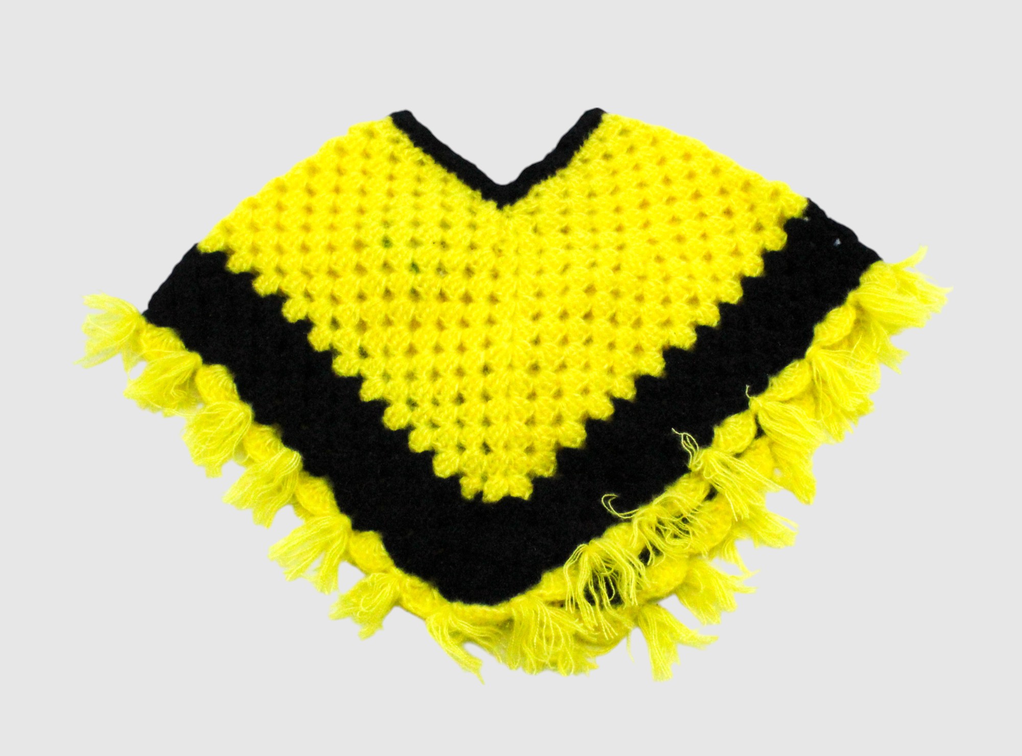Handknitted Woolen Poncho and Cap Set for Kids, Yellow and Black, Fringed Design (6 Months - 1 Year)