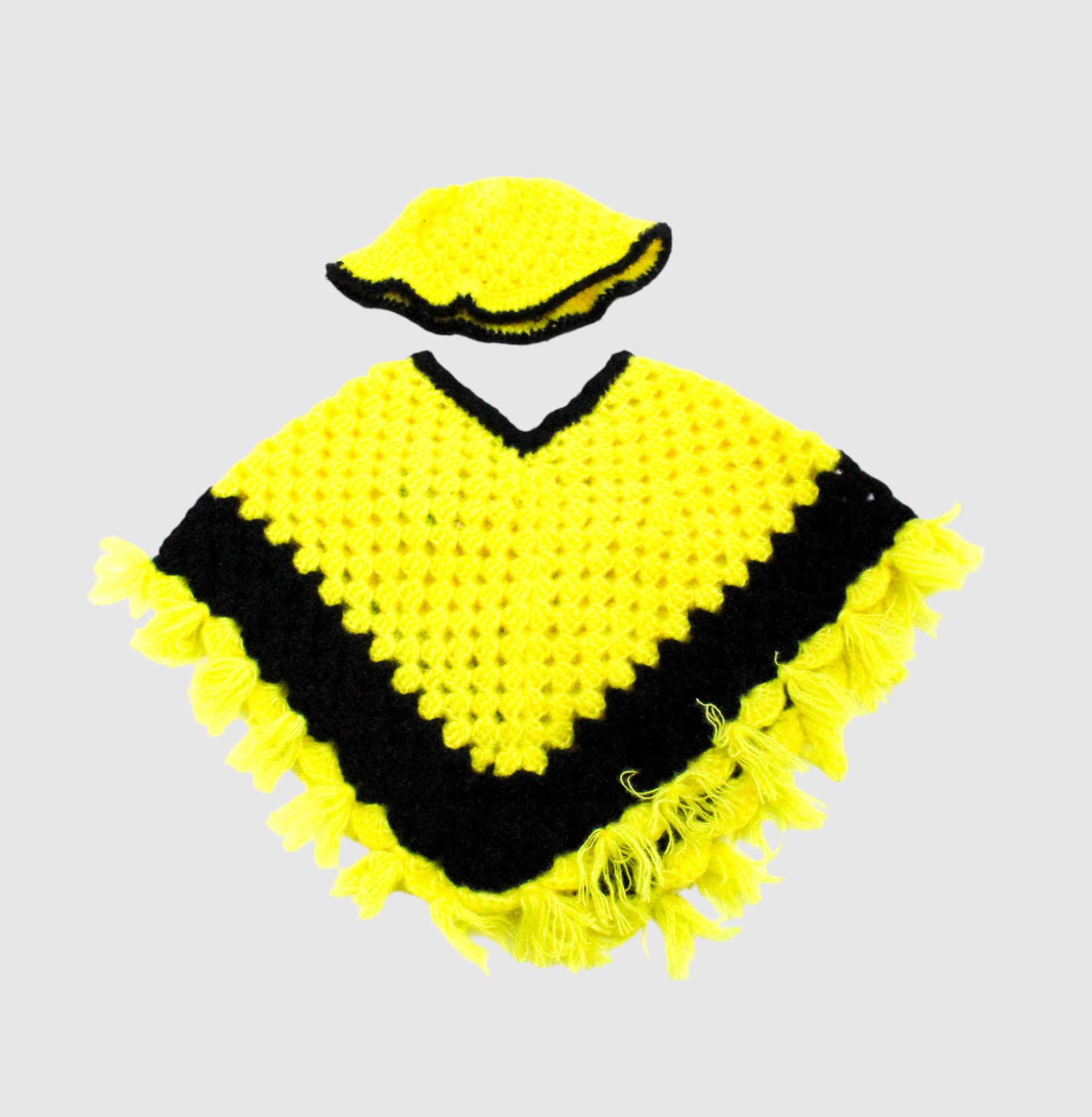 Handknitted Woolen Poncho and Cap Set for Kids, Yellow and Black, Fringed Design (6 Months - 1 Year)