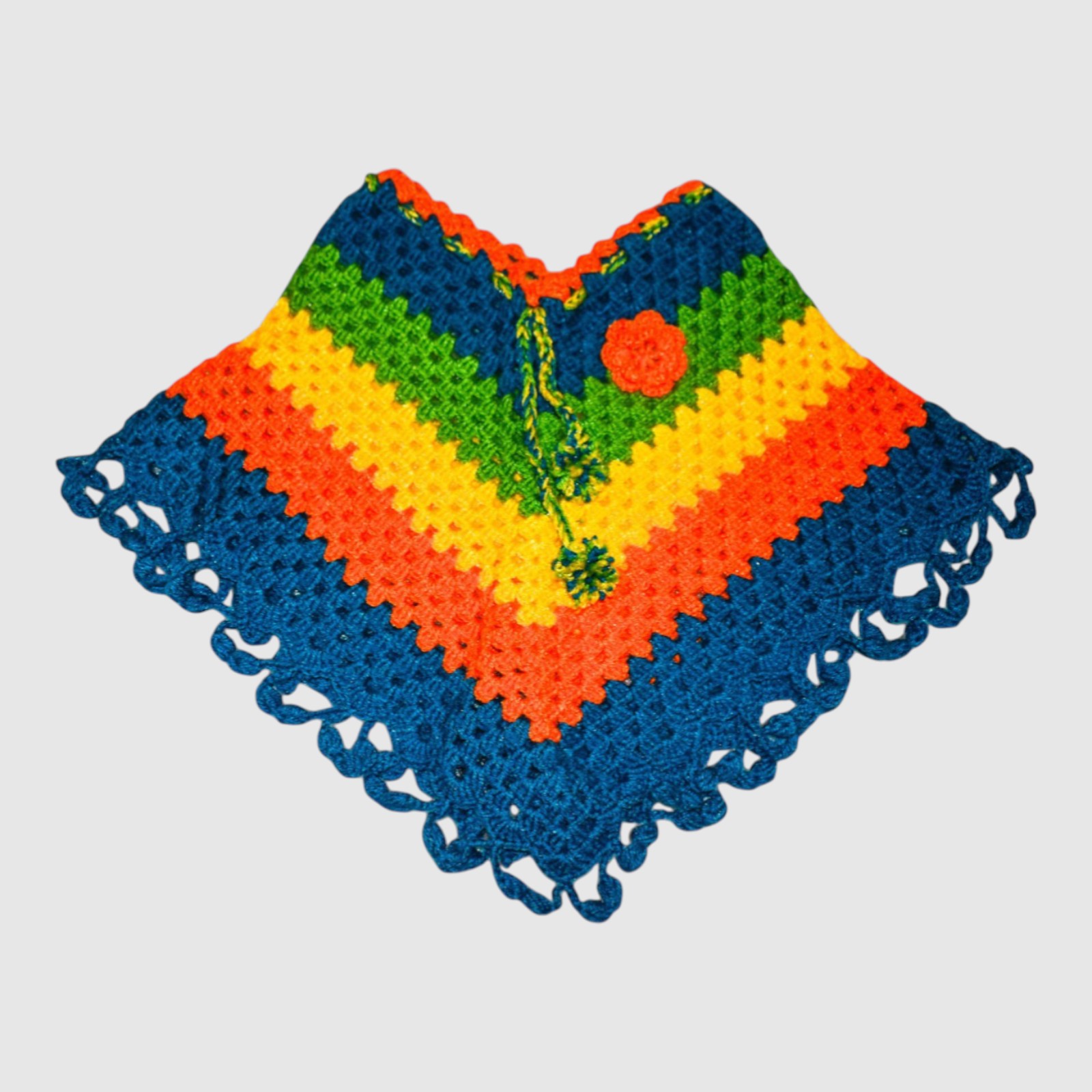 [2-3 Years] Handknitted Kids Woolen Poncho, Multicolour Striped Pattern