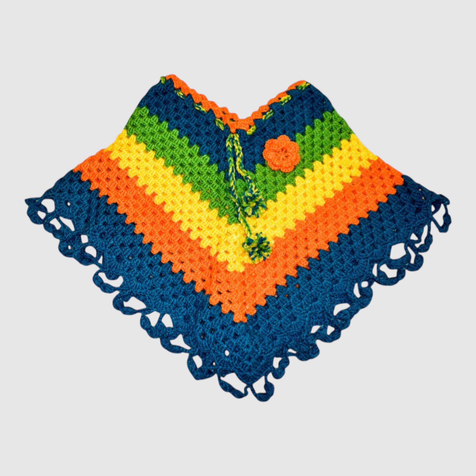 [2-3 Years] Handknitted Kids Woolen Poncho, Multicolour Striped Pattern