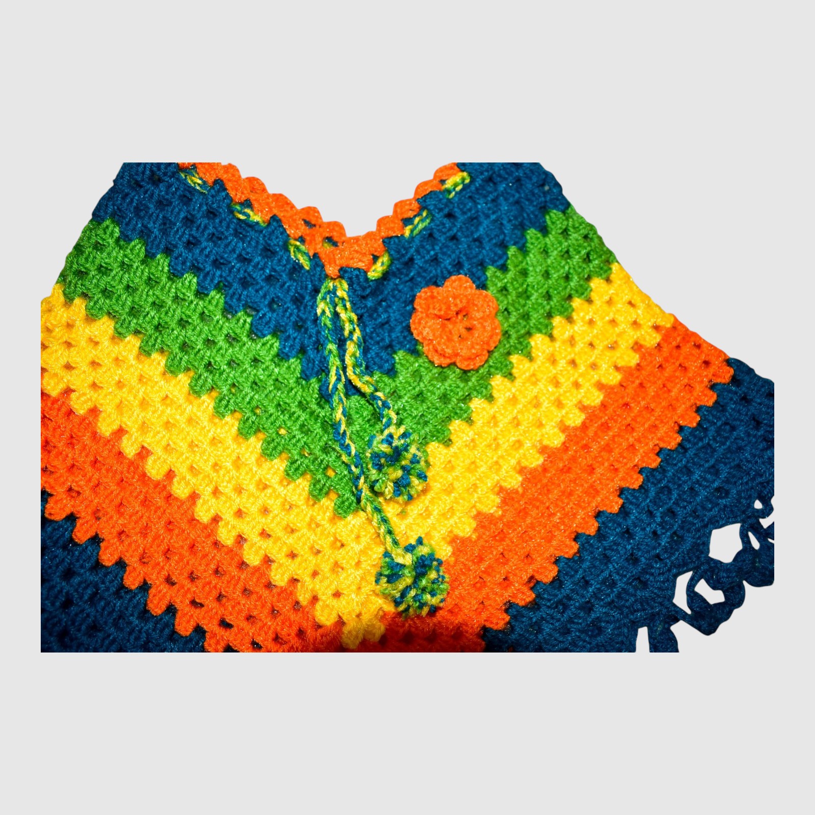 [2-3 Years] Handknitted Kids Woolen Poncho, Multicolour Striped Pattern