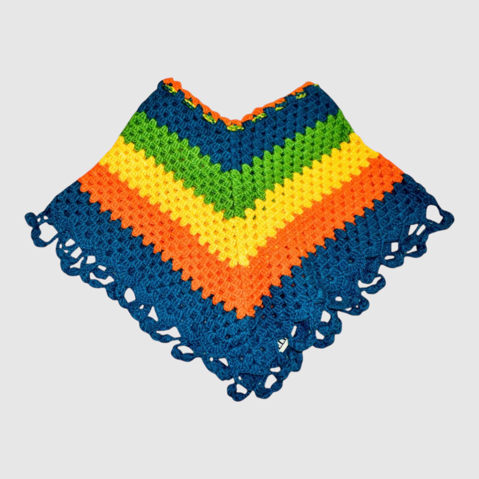 [2-3 Years] Handknitted Kids Woolen Poncho, Multicolour Striped Pattern