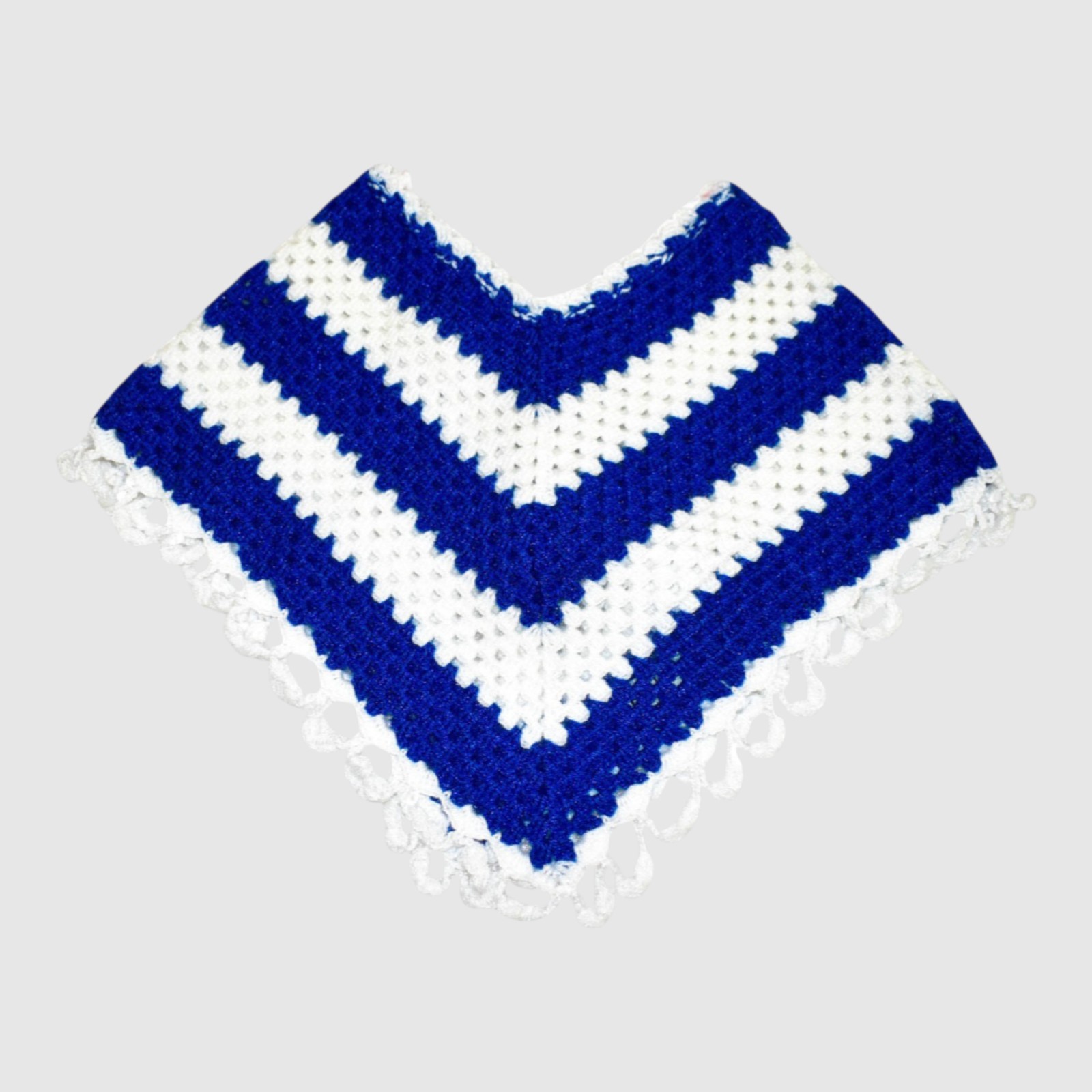 [4-5 Years] Handknitted Kids Woolen Poncho, Blue and White, Striped Pattern