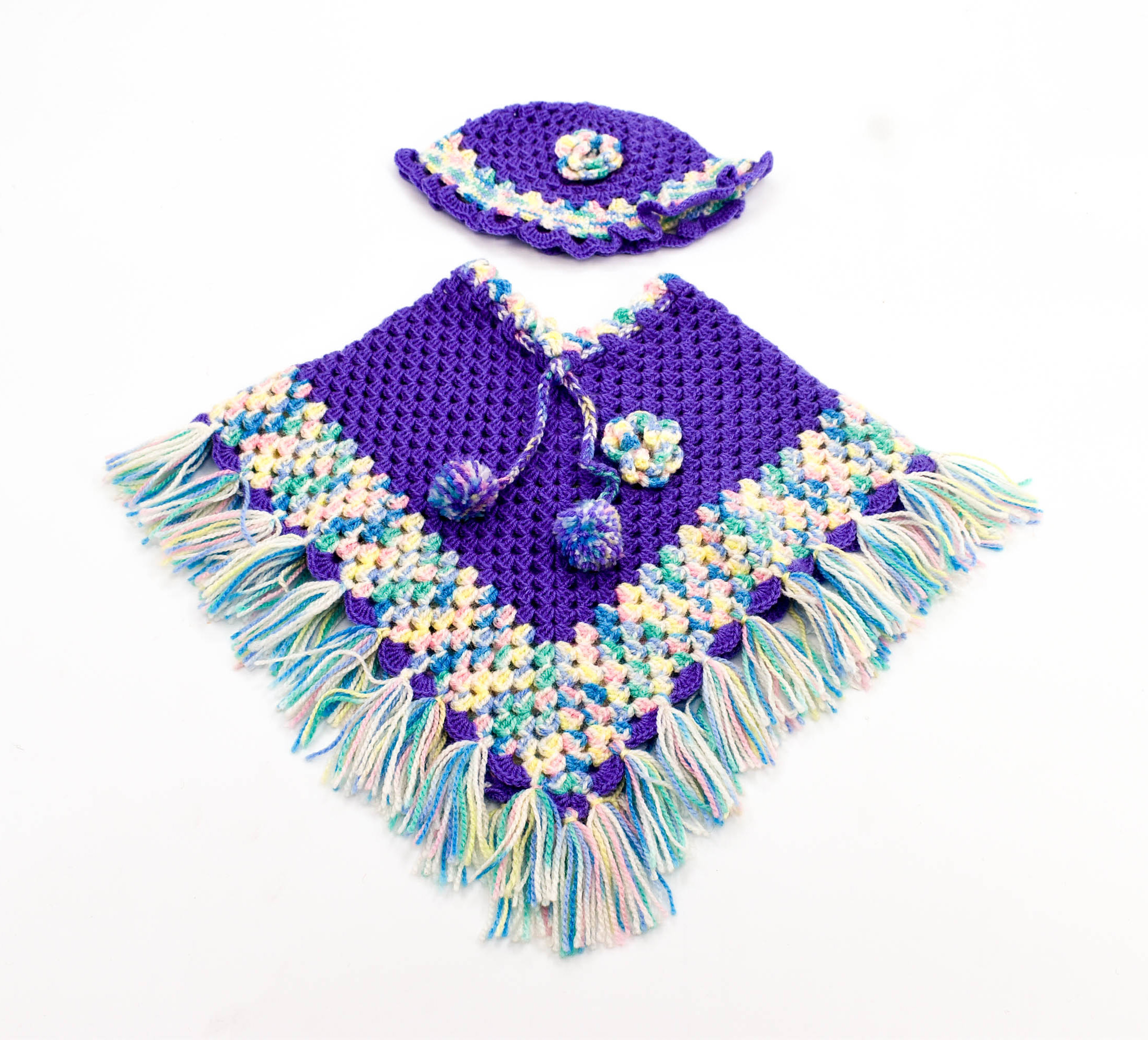 Handknitted multicolored woolen poncho with cap (0 months to 6 months)