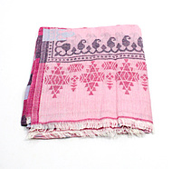 Women's Cotton Stole with Traditional Print Pattern, Pink and Grey, Fringed Design