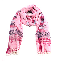 Women's Cotton Stole with Traditional Print Pattern, Pink and Grey, Fringed Design