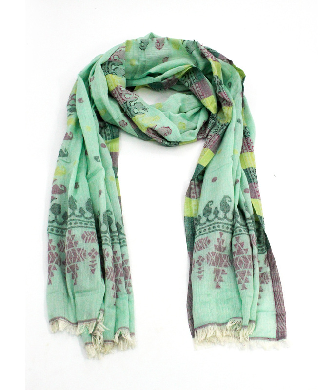 Eelika Cotton Stole for Women, Mint Green with Floral Print, Fringed Design