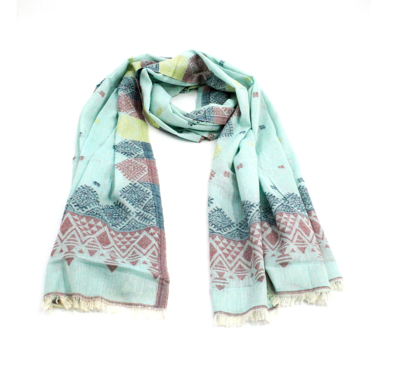 Eelika Cotton Stole for Women, Mint Green with Geometric Pattern, Fringe Border