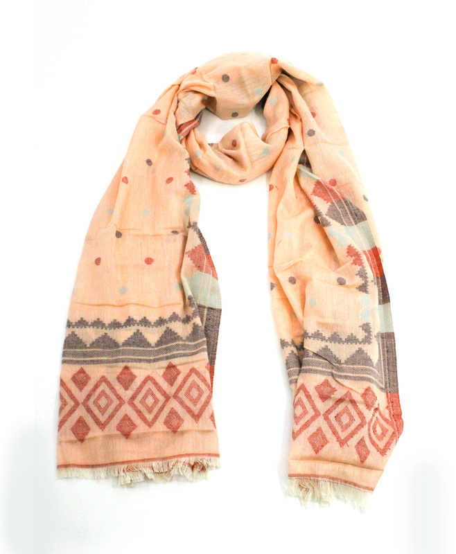 Eelika Women's Cotton Stole with Geometric Print, Peach with Red and Grey Pattern, Traditional Design
