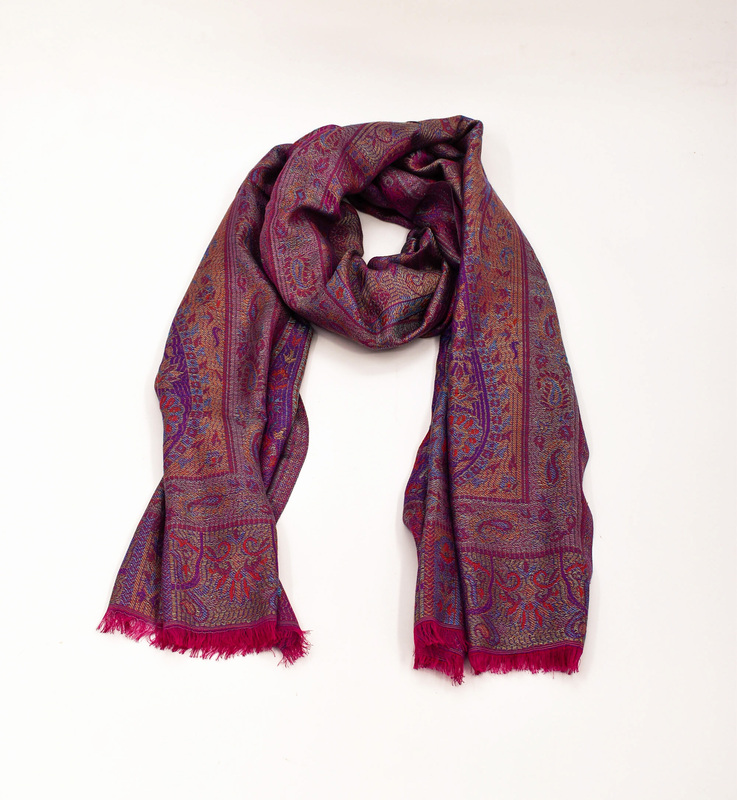 Elegant Silk-Pashmina Blend Stole, Multicolored Paisley Pattern, Burgundy with Fringe