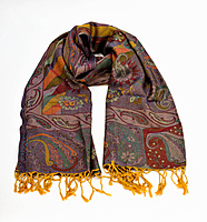 Silk & Pashmina Stole for Women, Paisley Pattern, Purple Multi-colour with Yellow Tassels