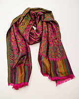 Elegant Pashmina Silk Stole, Multicolour Floral Pattern, Pink and Green Paisley Design
