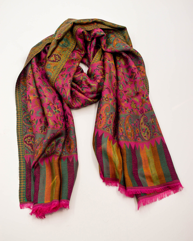 Elegant Pashmina Silk Stole, Multicolour Floral Pattern, Pink and Green Paisley Design