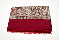 Elegant Paisley Pattern Silk-Pashmina Stole, Burgundy and Grey, Fringed Border