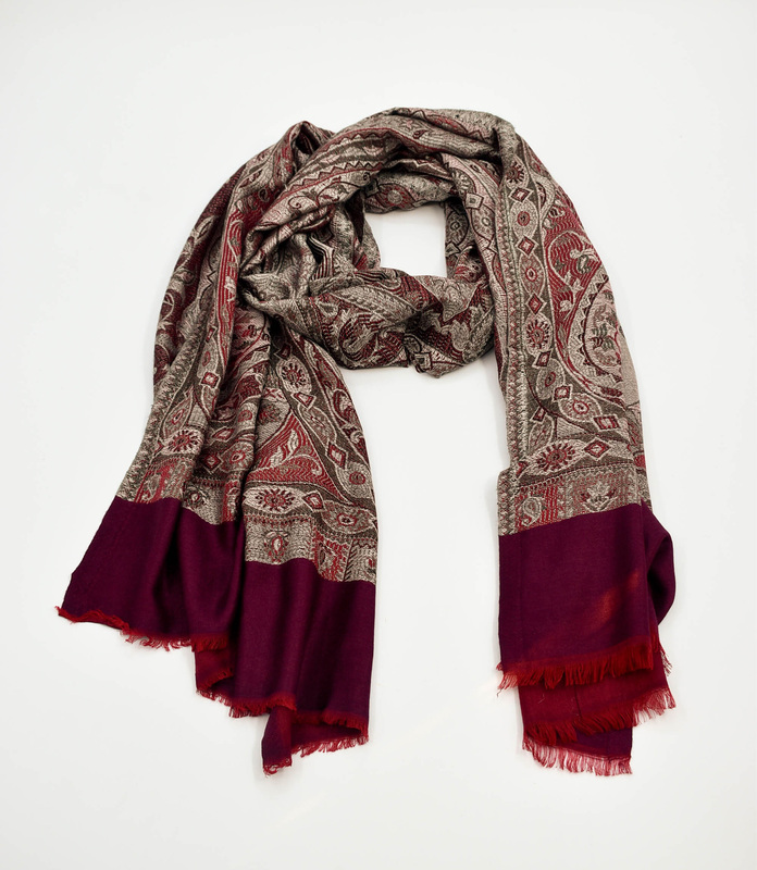 Elegant Paisley Pattern Silk-Pashmina Stole, Burgundy and Grey, Fringed Border