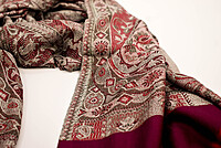 Elegant Paisley Pattern Silk-Pashmina Stole, Burgundy and Grey, Fringed Border