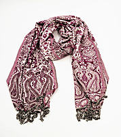 Elegant Women's Paisley Pattern Wool and Viscose Stole, Purple and White, Tasselled