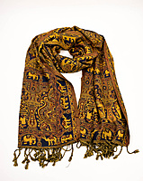Elegant Wool and Viscose Stole, Traditional Elephant Print, Navy and Gold, Tasselled