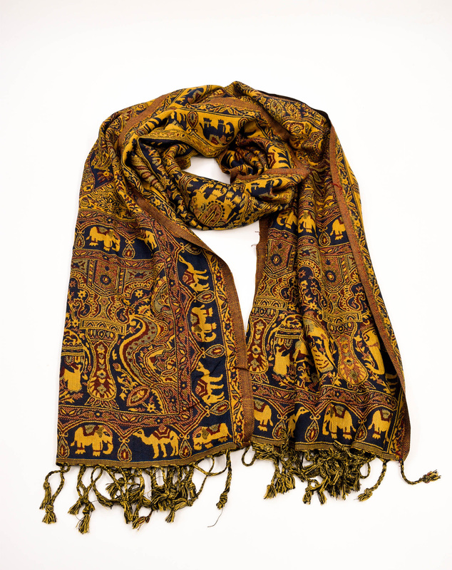 Elegant Wool and Viscose Stole, Traditional Elephant Print, Navy and Gold, Tasselled