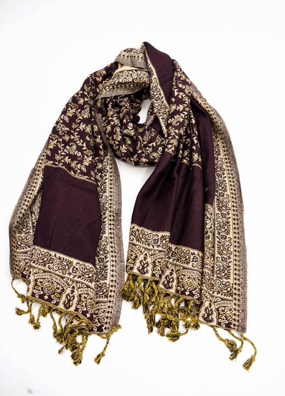 Elegant Women's Wool Viscose Stole, Brown with Traditional Paisley Border, Tasselled