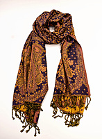 Elegant Women's Paisley Wool Viscose Stole with Tassels, Navy Blue and Gold