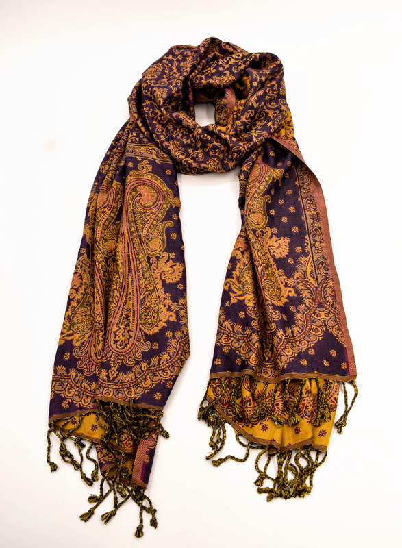 Elegant Women's Paisley Wool Viscose Stole with Tassels, Navy Blue and Gold
