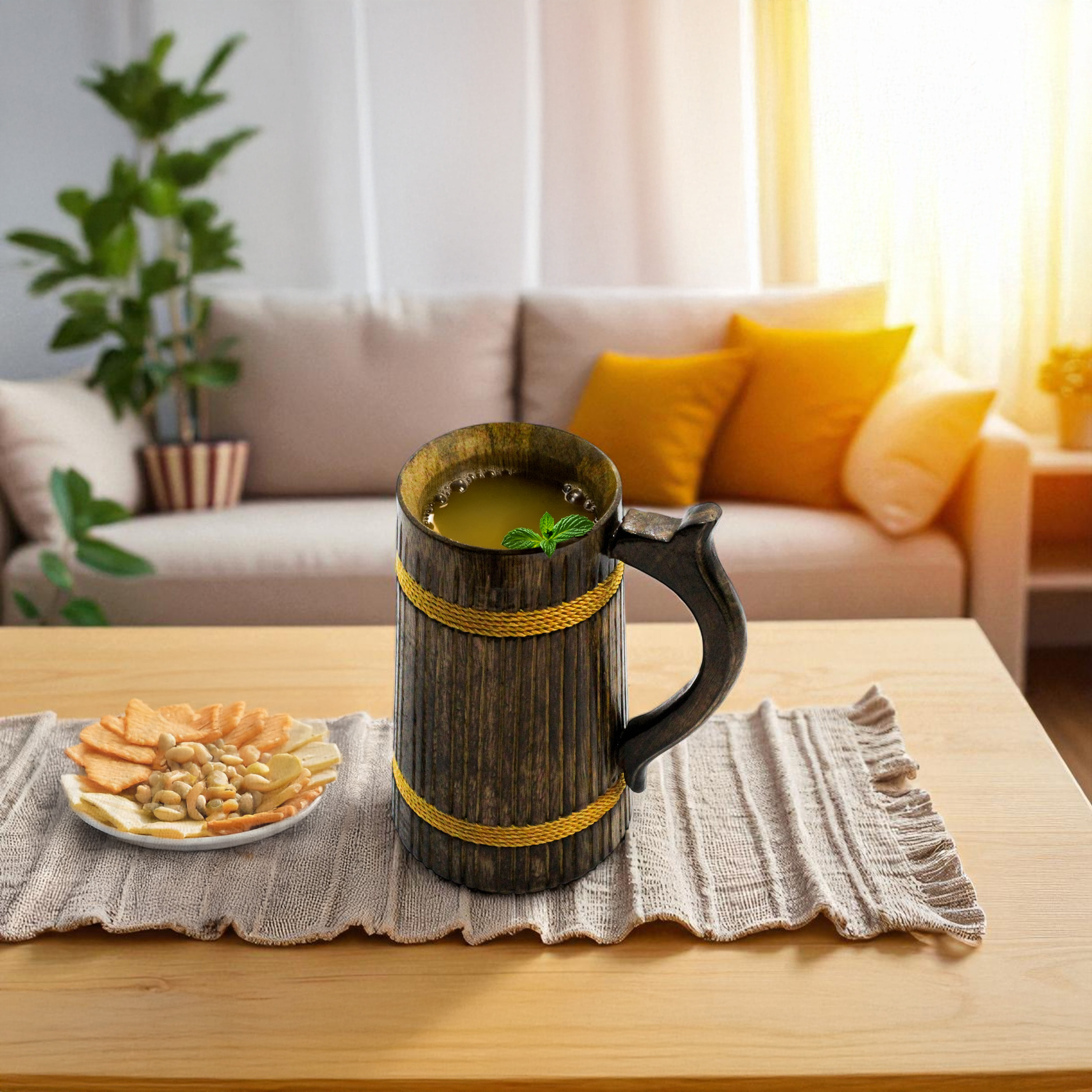 Handcrafted Wooden Beer Mug with Rope Design, 15.5 x 12 x 18 cm, Dark Brown