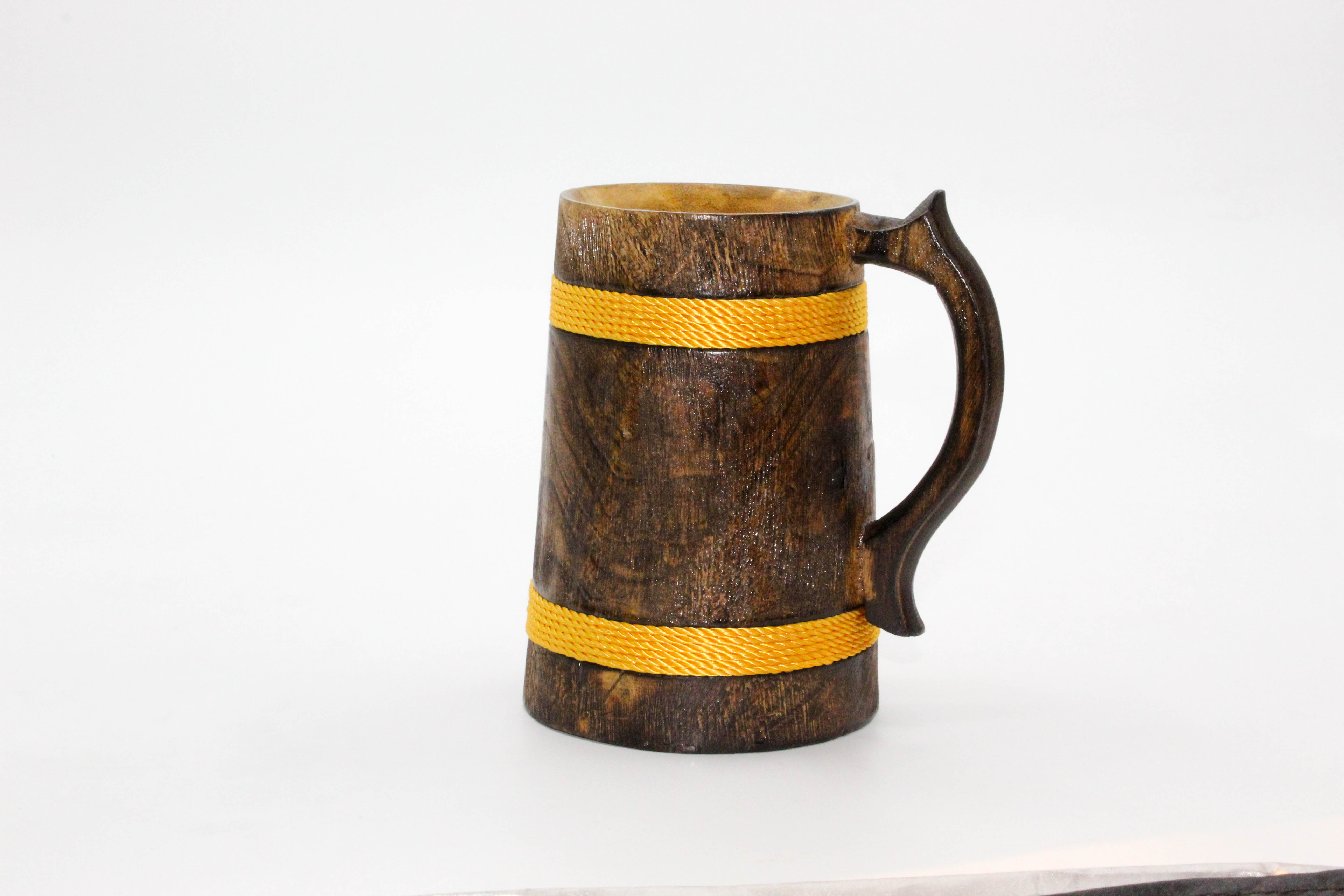 Handcrafted Wooden Beer Mug with Yellow Rope Accents, 14 x 11.5 x 16.5 cm