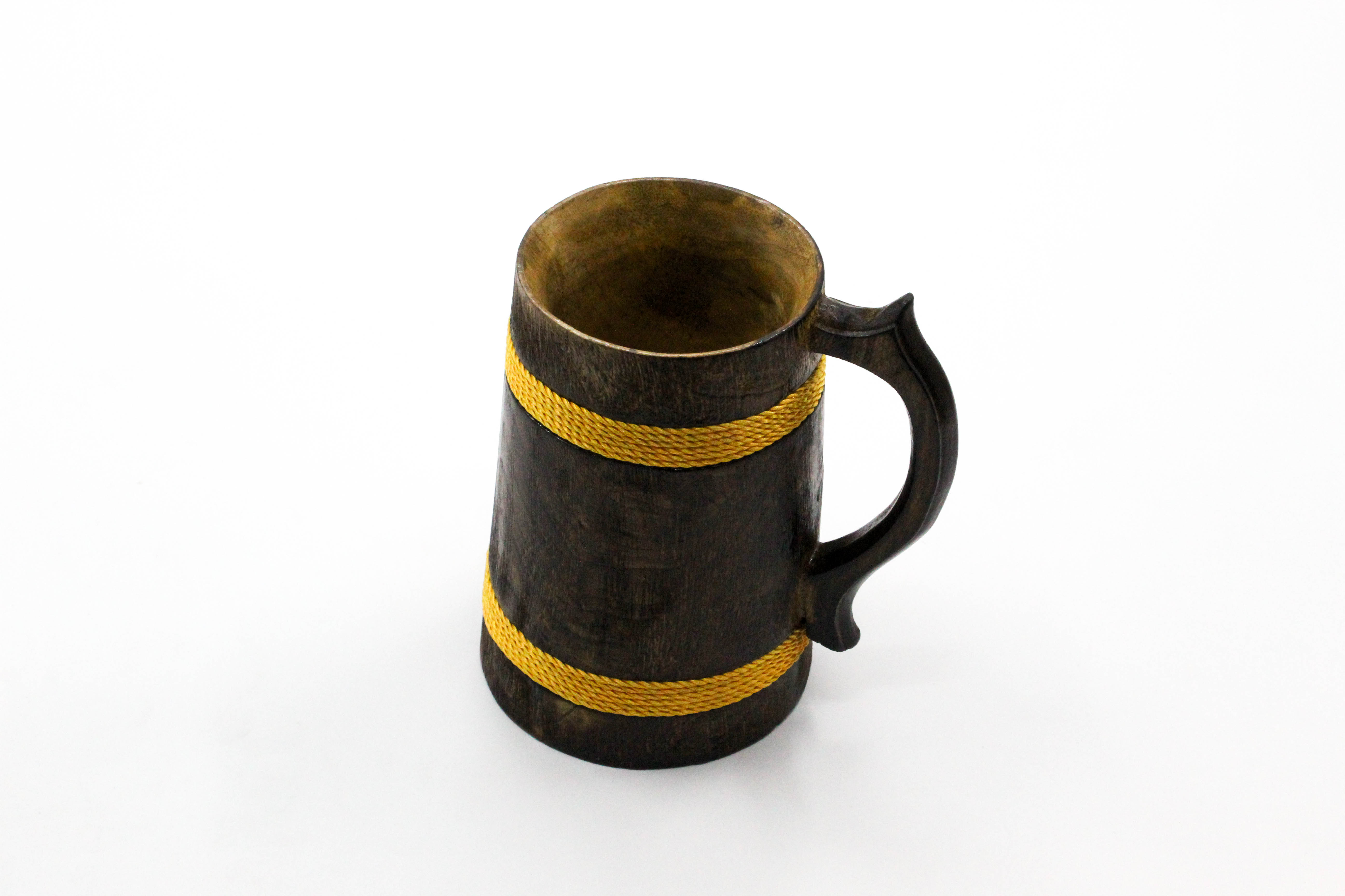 Handcrafted Wooden Beer Mug with Yellow Rope Accents, 14 x 11.5 x 16.5 cm