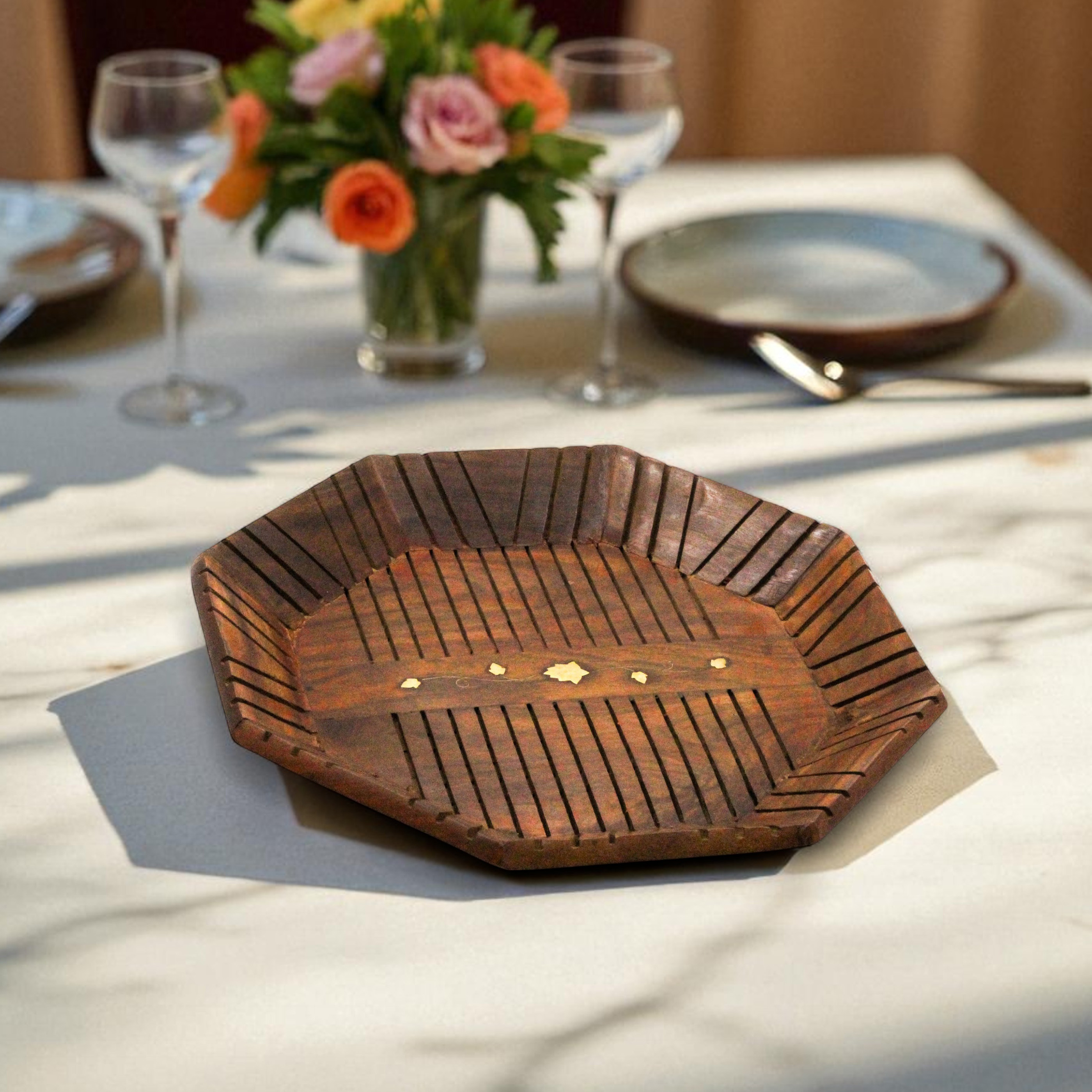 Octagonal Wooden Serving Tray with Floral Design, 30 x 30 x 4.2 cm, Brown