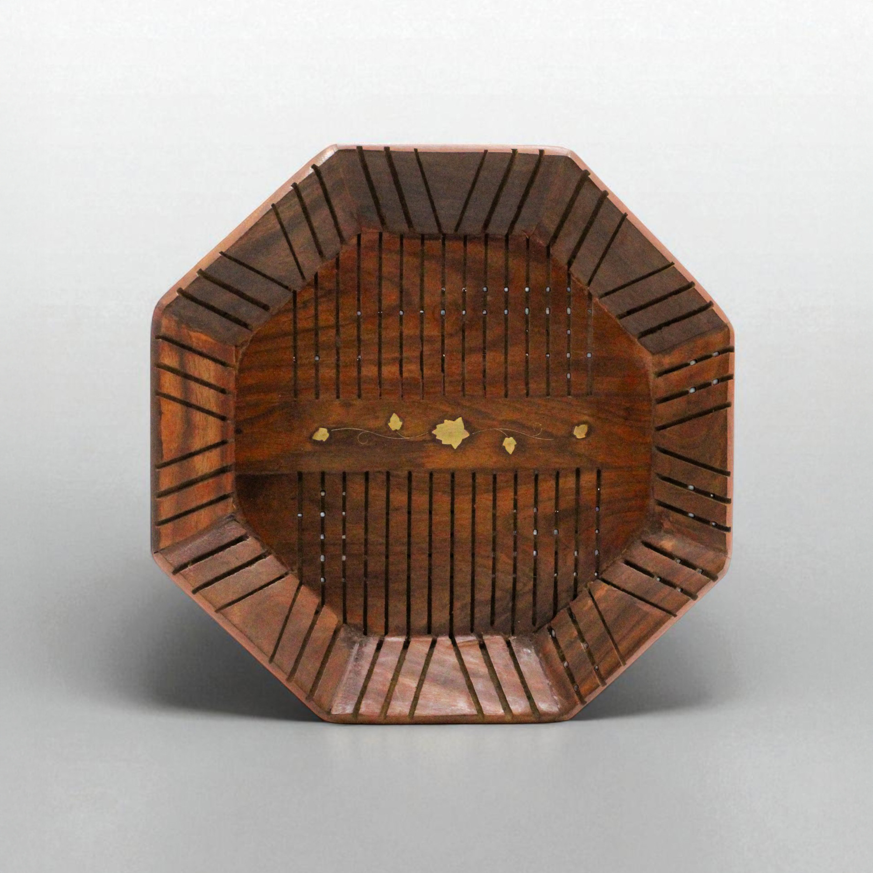 Octagonal Wooden Serving Tray with Floral Design, 30 x 30 x 4.2 cm, Brown