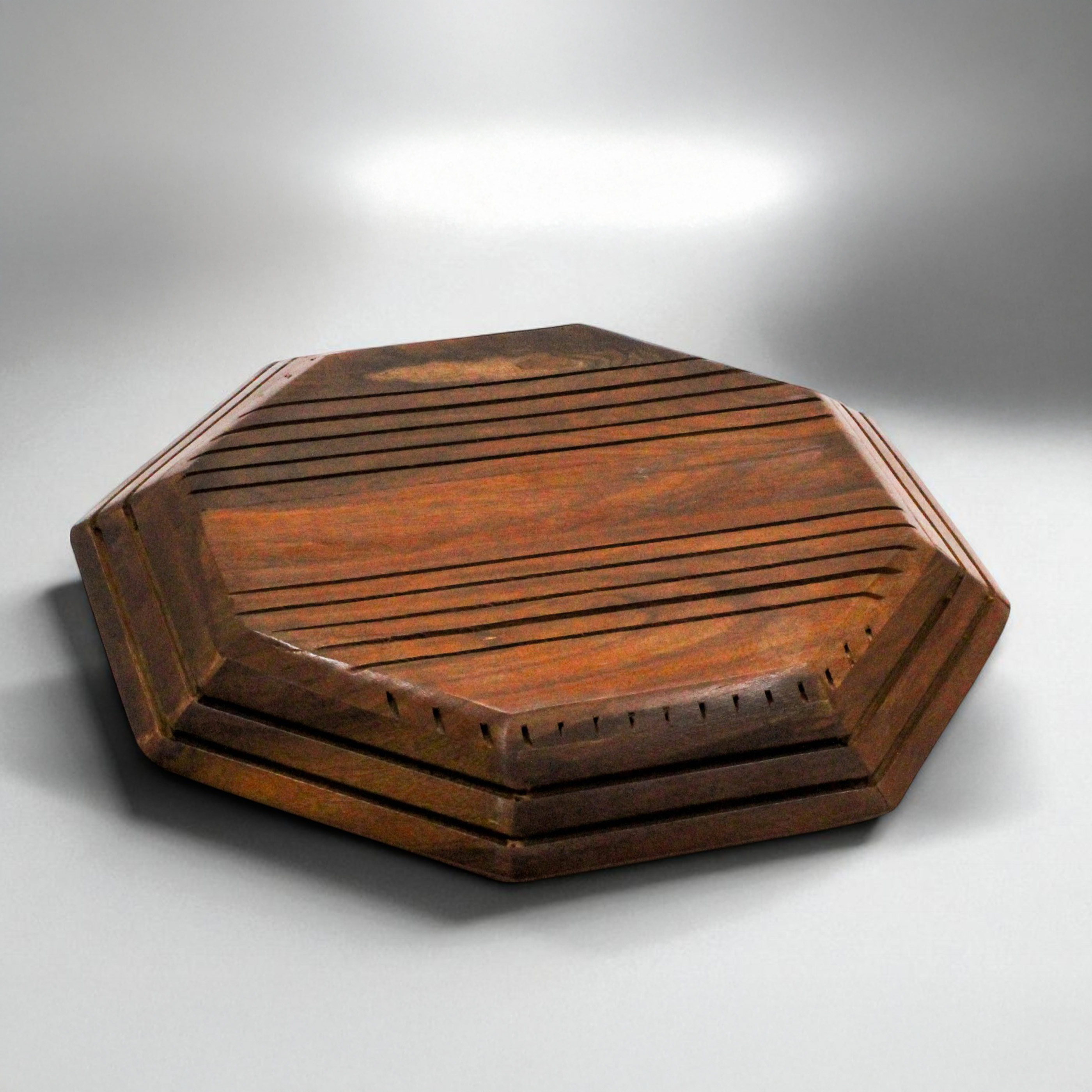 Octagonal Wooden Serving Tray with Floral Design, 30 x 30 x 4.2 cm, Brown