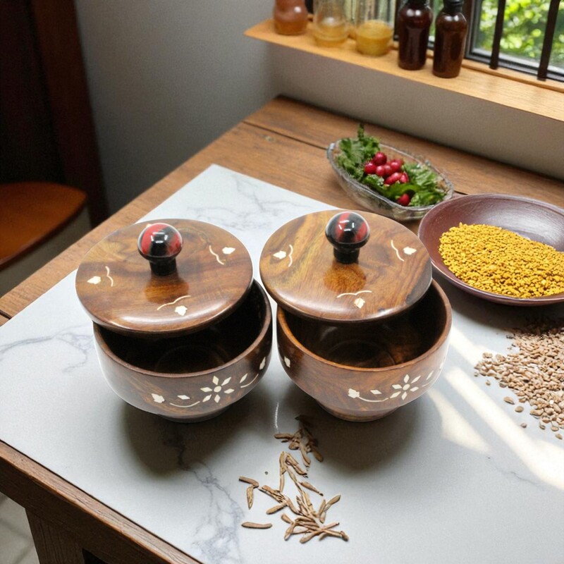 Decorative Wooden Storage Bowls with Lids, Set of 2, 10.5 x 10.5 x 10 cm, Brown