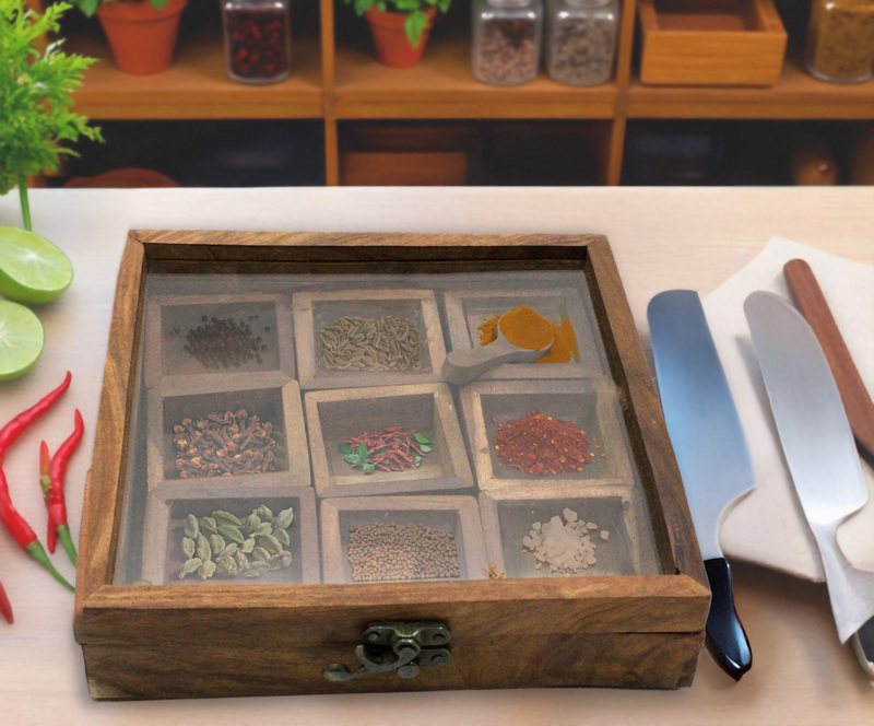 Wooden Masala Box with Glass Lid, 9 Compartments, Traditional Spice Storage Container